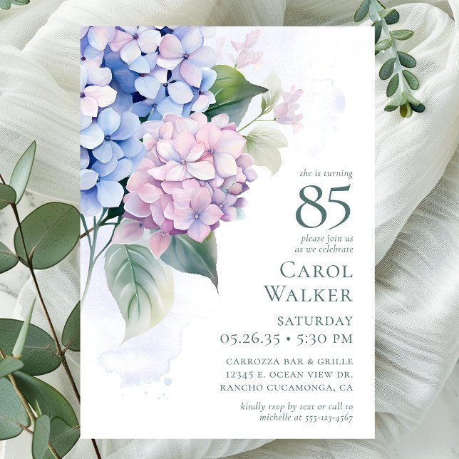 Invitation Fête d'anniversaire des 85 ans aux Hydrangeas Rose (Créateur téléchargé)