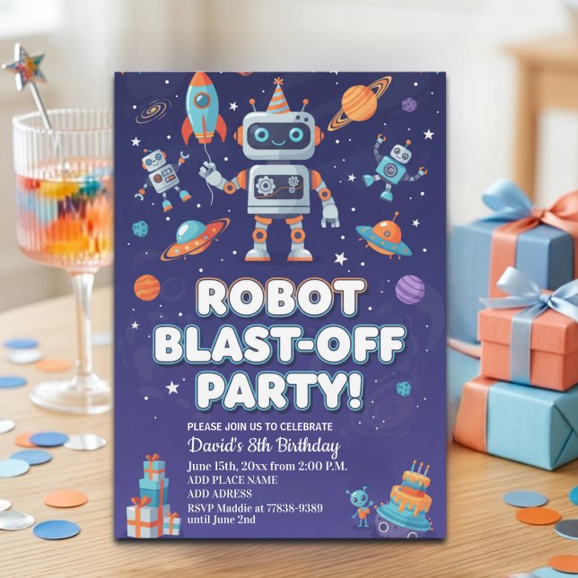 Invitation Fête d'anniversaire des 8 ans Robots dans l'espace (Créateur téléchargé)