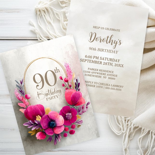 Invitation Fête d'anniversaire des 90 ans aux fleurs roses (Créateur téléchargé)