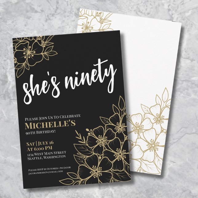 Invitation Fête d'anniversaire des 90 ans de Black Gold (Elegant Ninety Black Gold 90th Birthday Party Invitation)