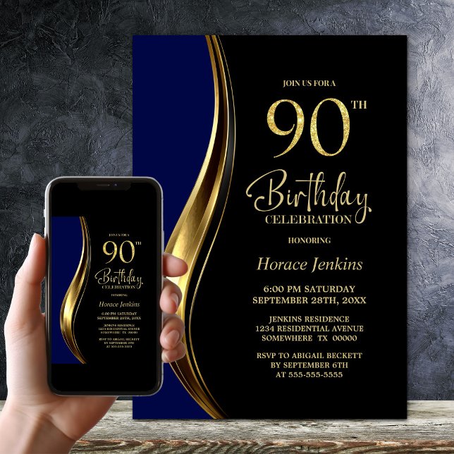 Invitation Fête d'anniversaire des 90 ans de Black Gold Blue (Créateur téléchargé)