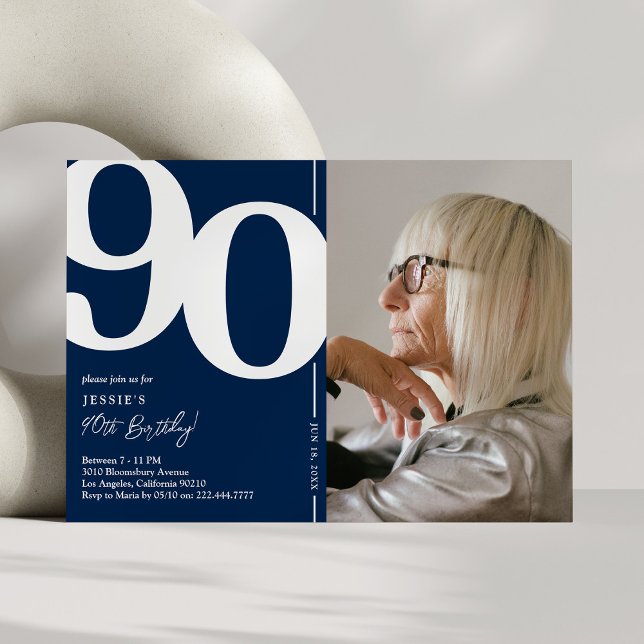 Invitation Fête d'anniversaire des 90 ans Navy Blue Photo (Créateur téléchargé)