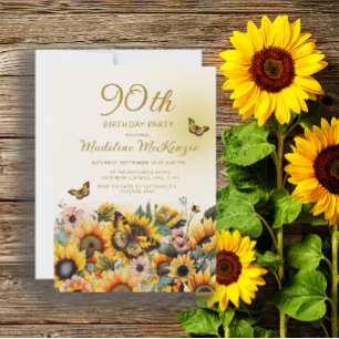 Invitation Fête d'anniversaire des 90 ans Tournesols Papillon