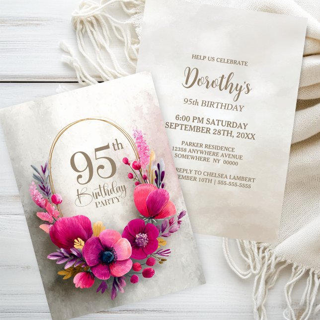 Invitation Fête d'anniversaire des 95 ans aux fleurs roses (Créateur téléchargé)