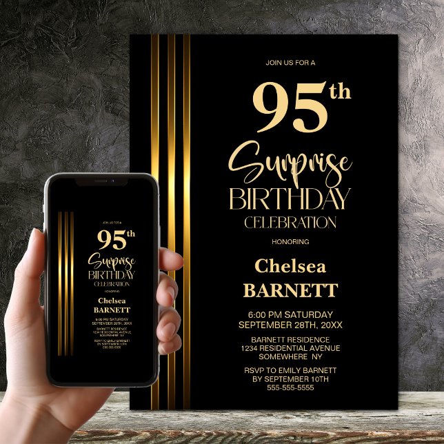 Invitation Fête d'anniversaire des 95 ans Black Striped Gold (Créateur téléchargé)