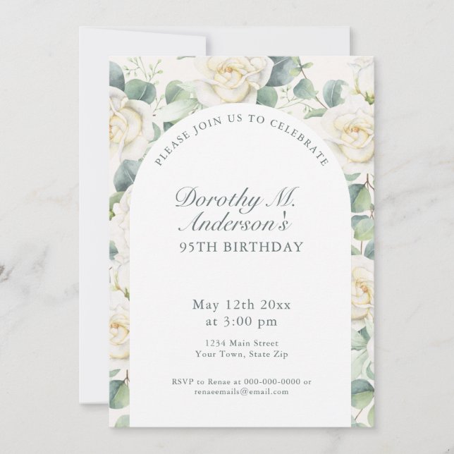 Invitation Fête d'anniversaire des 95 ans Elegant Rose Blanch (Devant)
