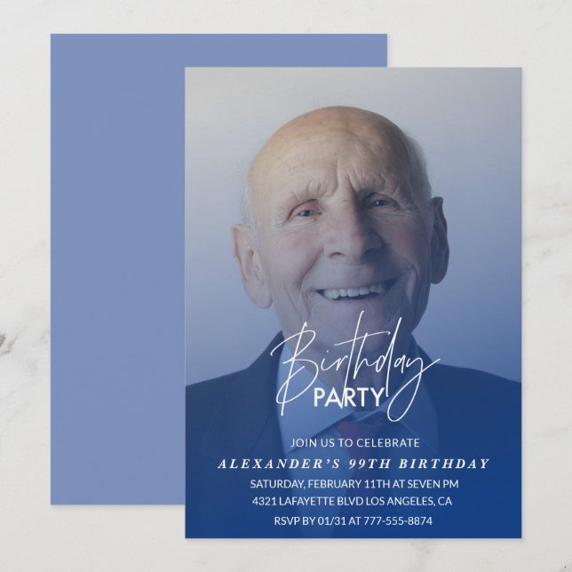 Invitation Fête d'anniversaire des 99 ans d'hommes en bleu ma (Devant / Derrière)