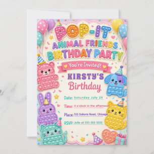 Invitation Fête d'anniversaire des amis animaux Pop It