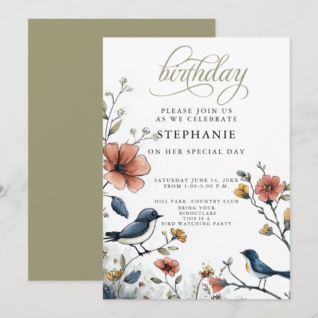 Invitation Fête d'anniversaire des amoureux des oiseaux (Devant / Derrière)