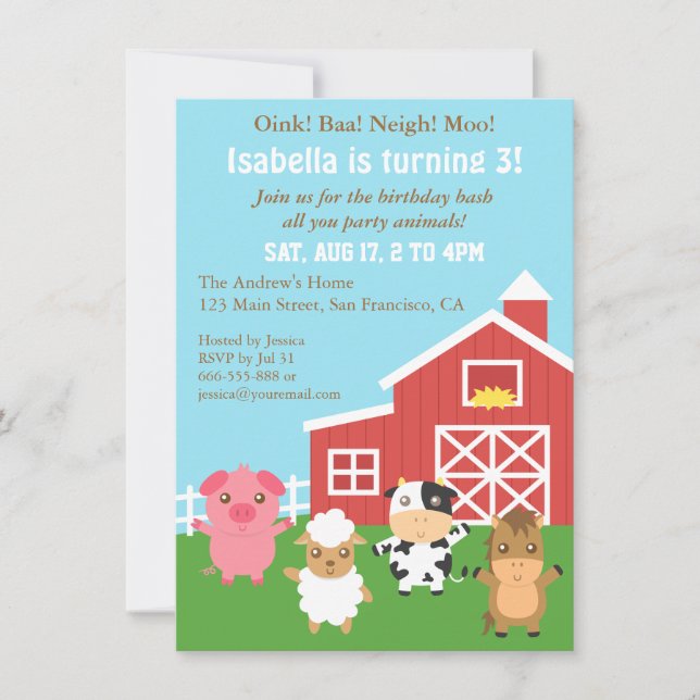 Invitation Fête d'anniversaire des Animaux de la Ferme Mignon (Devant)