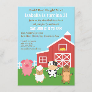 Invitation Fête d'anniversaire des Animaux de la Ferme Mignon