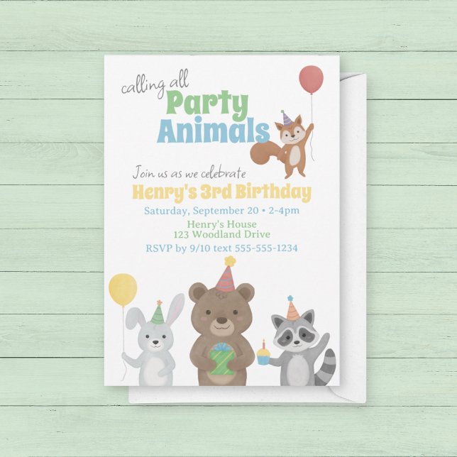 Invitation Fête d'anniversaire des animaux de la forêt (Forest Friends Birthday Party Invitation. Calling all party animals!)