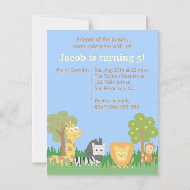 Invitation Fête d'anniversaire des animaux de safari mignons  (Devant)