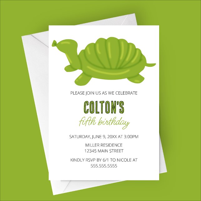 Invitation Fête d'anniversaire des animaux de tortues (Green Turtle Balloon Animal Birthday Party Invitation)