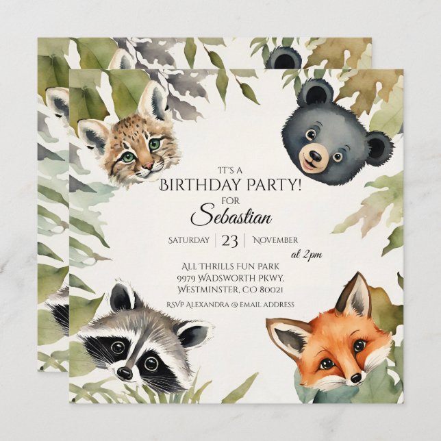 Invitation Fête d'anniversaire des animaux des bois (Devant / Derrière)