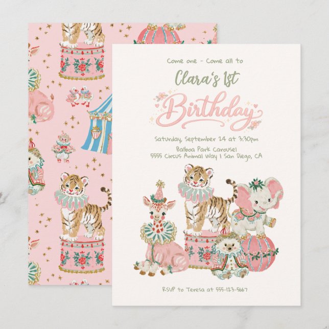 Invitation Fête d'anniversaire des bébés animaux de cirque (Devant / Derrière)