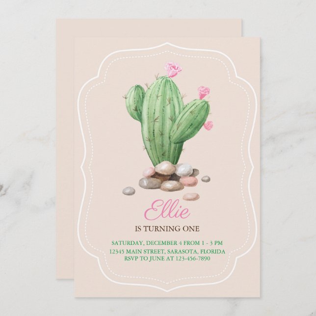 Invitation Fête d'anniversaire des Cactus beiges à la crème m (Devant / Derrière)