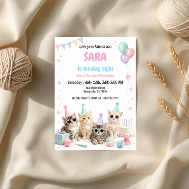 Invitation Fête d'anniversaire des chats mignons pastel (Créateur téléchargé)