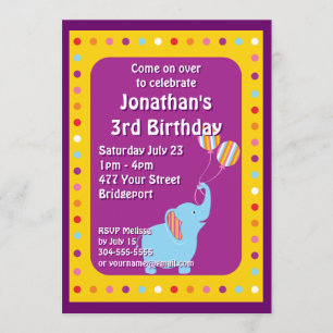 Invitation Fête d'anniversaire des éléphants personnalisés