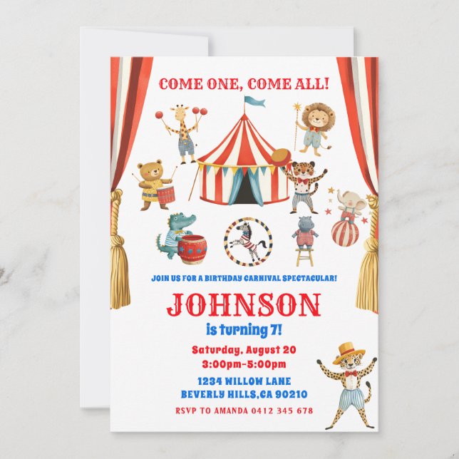 Invitation Fête d'anniversaire des enfants Animaux de cirque (Devant)