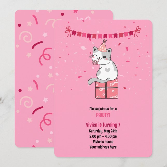 Invitation Fête d'anniversaire des enfants au chat rose (Devant / Derrière)