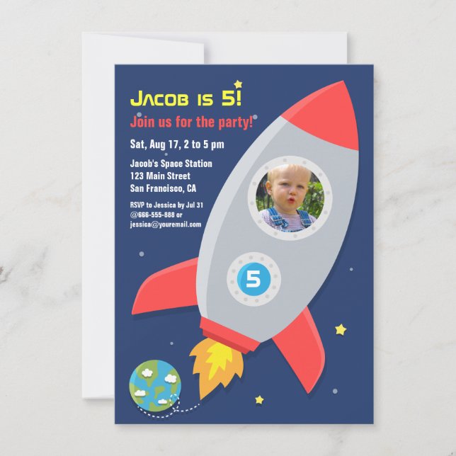 Invitation Fête d'anniversaire des enfants avec fusée spatial (Devant)