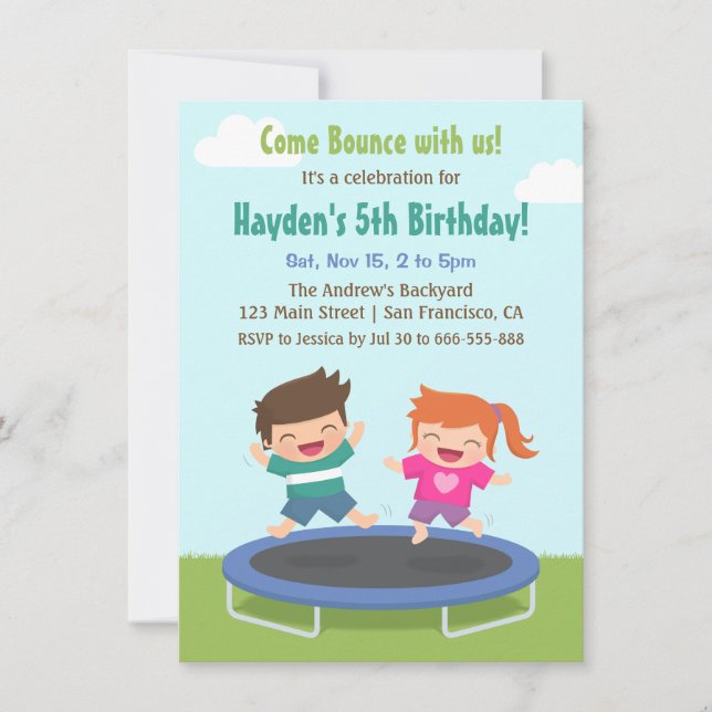 Invitation Fête d'anniversaire des enfants avec trampoline da (Devant)