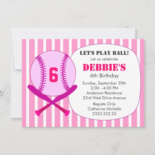 Invitation Fête d'anniversaire des enfants de baseball rose (Devant)