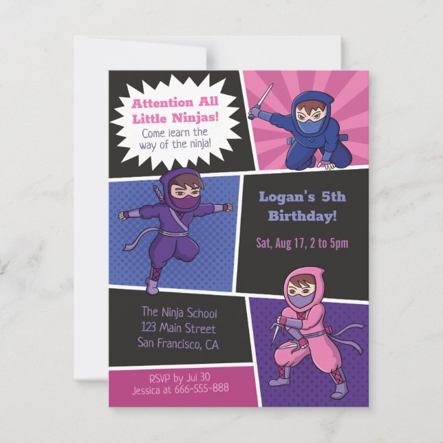 Invitation Fête d'anniversaire des enfants de l'école de ninj (Devant)