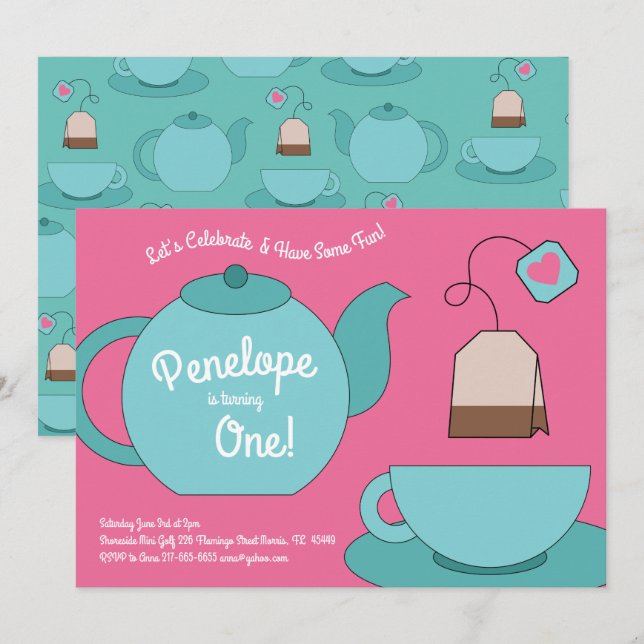 Invitation Fête d'anniversaire des enfants Tea Party à 1 an (Devant / Derrière)