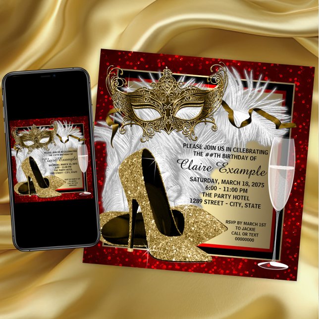 Invitation Fête d'anniversaire des femmes rouge et or mascara (Womans red gold masquerade party invitation with mask and high heel shoes. Download and printed.)