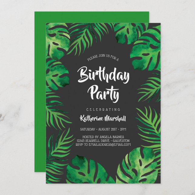 Invitation Fête d'anniversaire des Feuilles de la Monstera tr (Devant / Derrière)