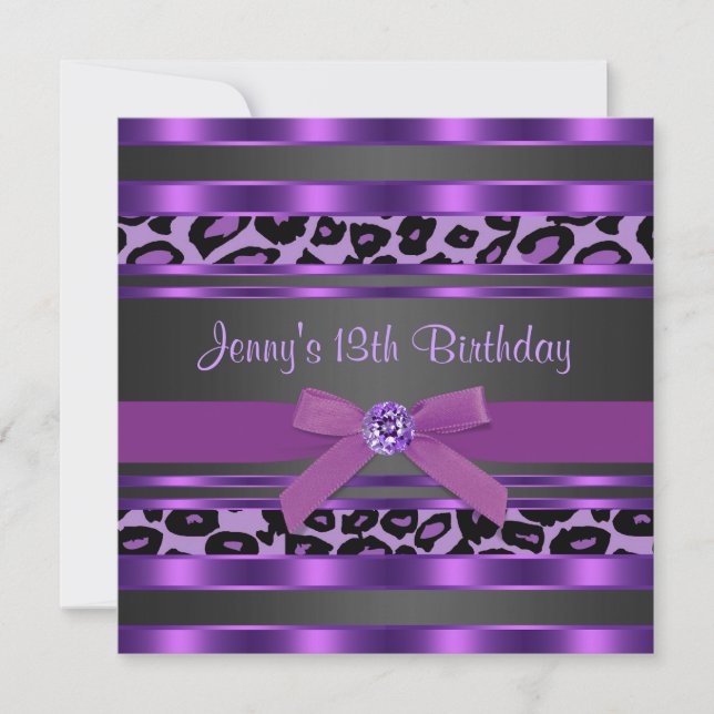 Invitation Fête d'anniversaire des filles au léopard violet 1 (Devant)