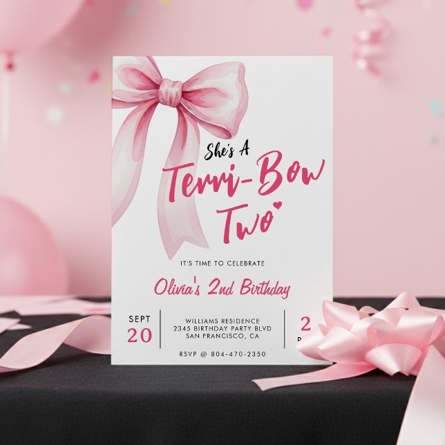 Invitation Fête d'anniversaire des filles au nœud rose 2ème a (Pink Bow Girls 2nd Birthday Party Terrible Two Invitation
)
