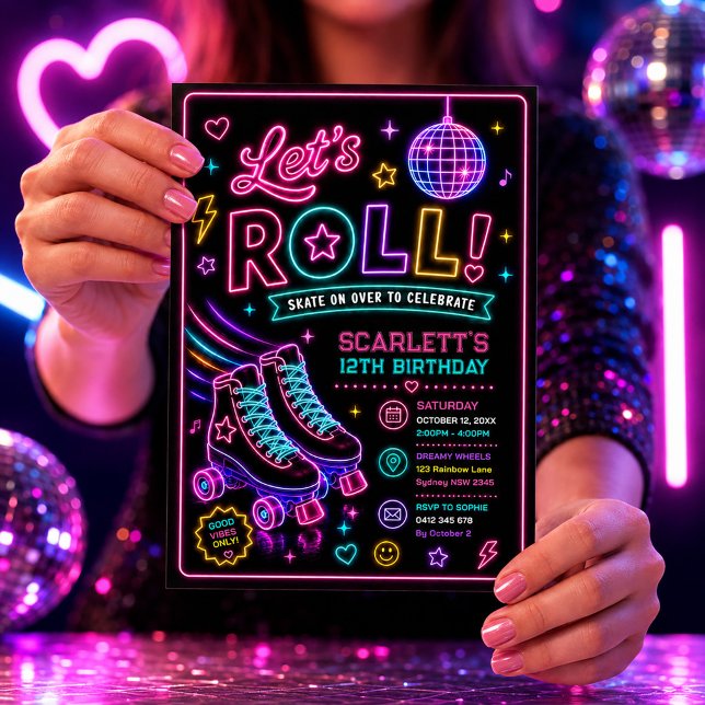 Invitation Fête d'anniversaire des filles au roller Neon Glow (Créateur téléchargé)