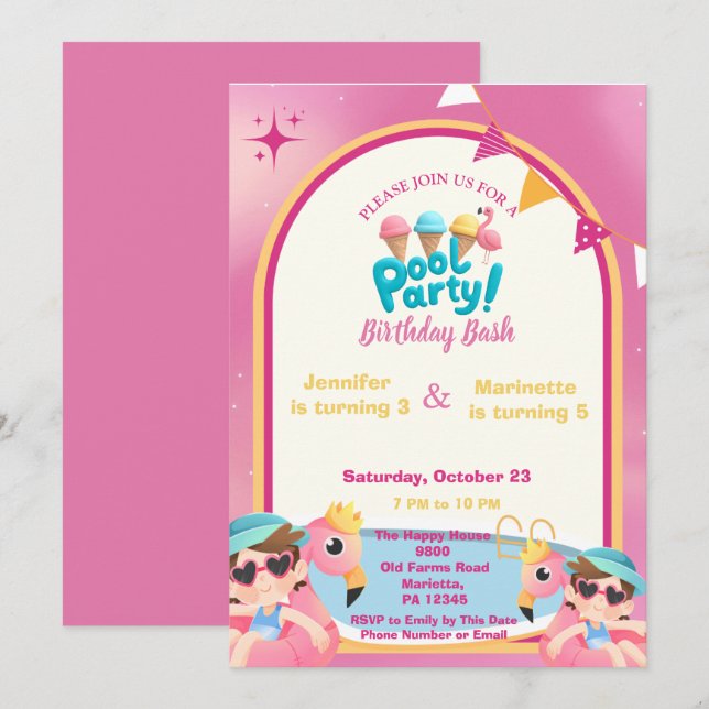 Invitation Fête d'anniversaire des filles au thème Flamant Ro (Devant / Derrière)