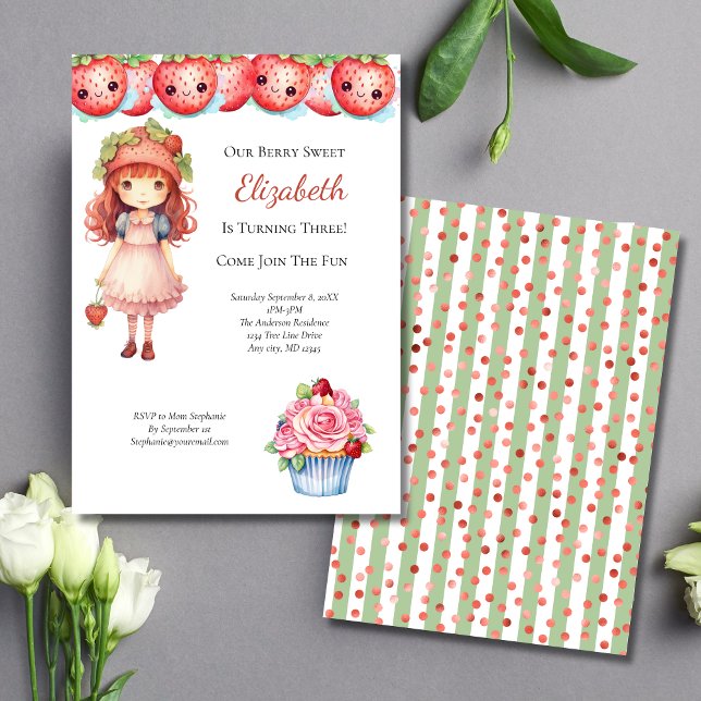 Invitation Fête d'anniversaire des filles aux fraises sucrées (Berry Sweet Strawberry Girls Birthday Party Invitation)