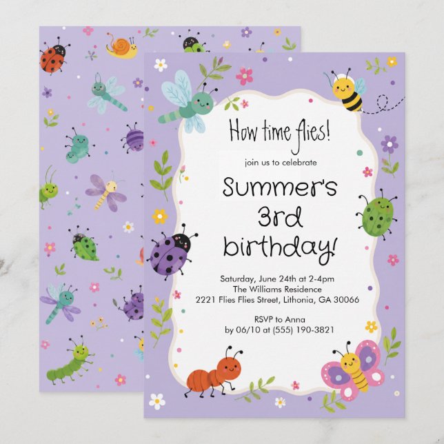 Invitation Fête d'anniversaire des filles avec des bugs migno (Devant / Derrière)