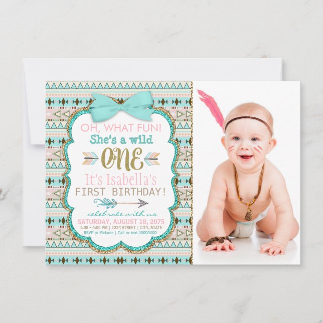 Invitation Fête d'anniversaire des filles Boho Tribal 1 an (Devant)