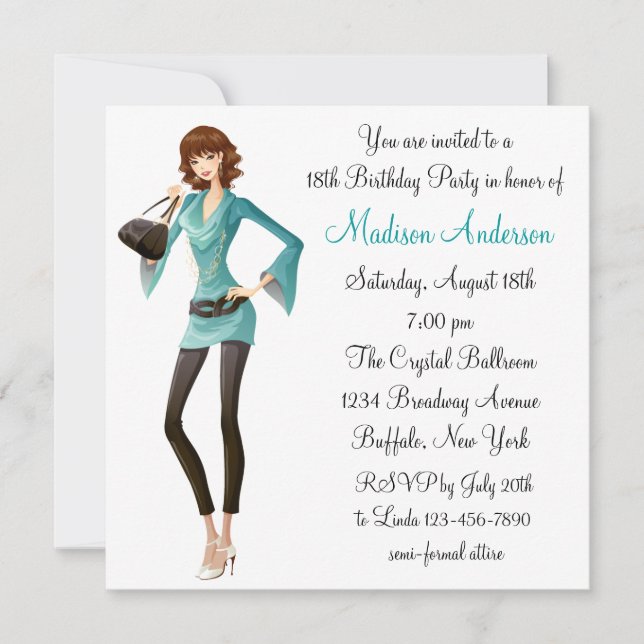 Invitation Fête d'anniversaire des filles de 18 ans en damas  (Devant)