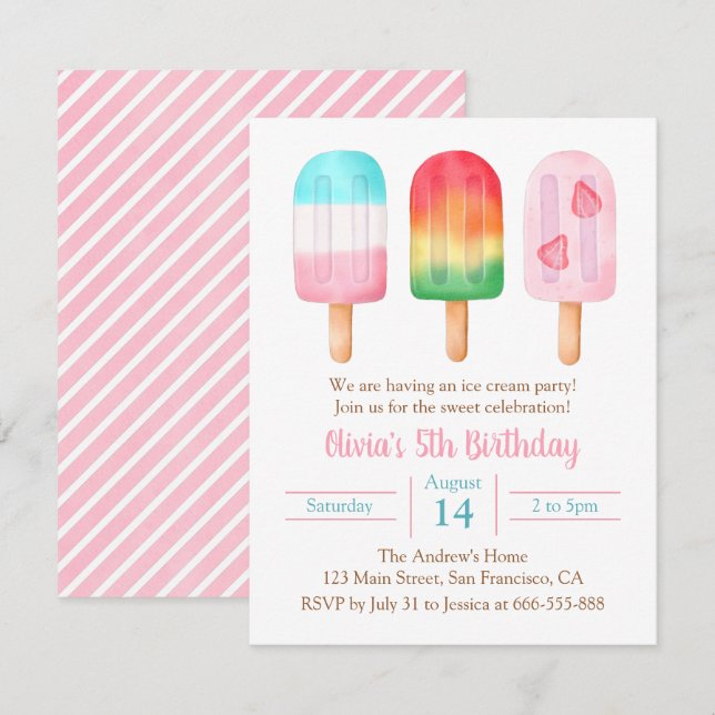 Invitation Fête d'anniversaire des filles d'été, fête de glac (Devant / Derrière)