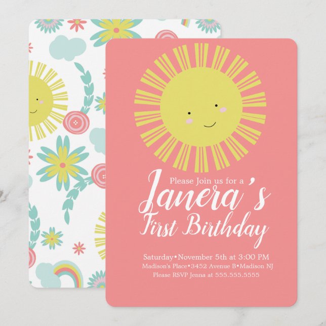 Invitation Fête d'anniversaire des filles florales soleil d'é (Devant / Derrière)