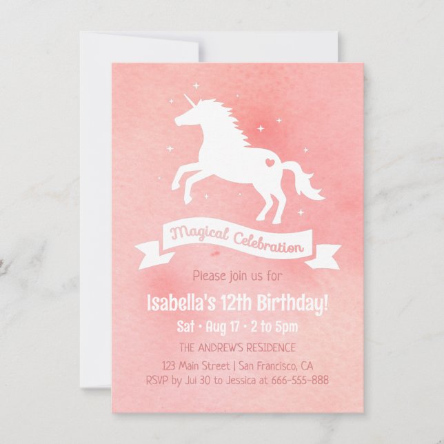 Invitation Fête d'anniversaire des filles Licorne blanche aqu (Devant)