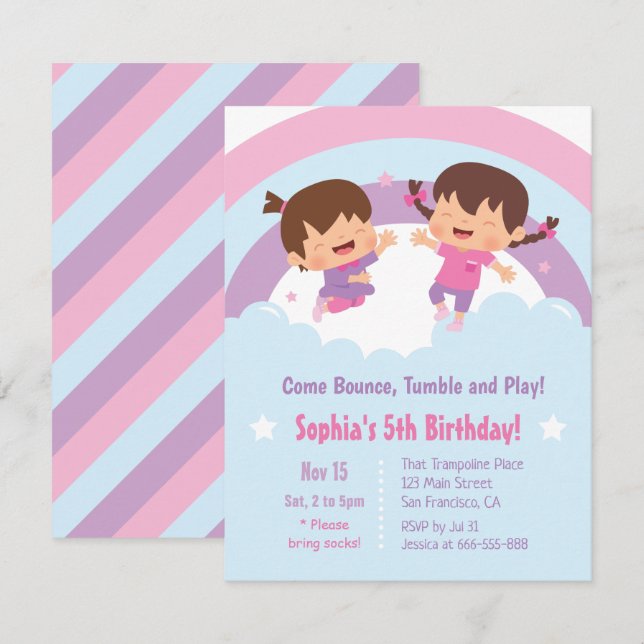 Invitation Fête d'anniversaire des filles mignonnes sautant s (Devant / Derrière)