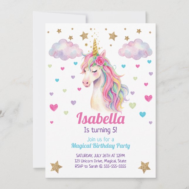 Invitation Fête d'anniversaire des Filles Paillettes Licorne (Devant)