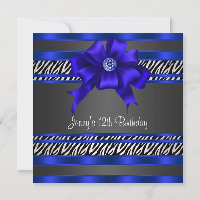 Invitation Fête d'anniversaire des filles Royal Blue Zebra 12 (Devant)