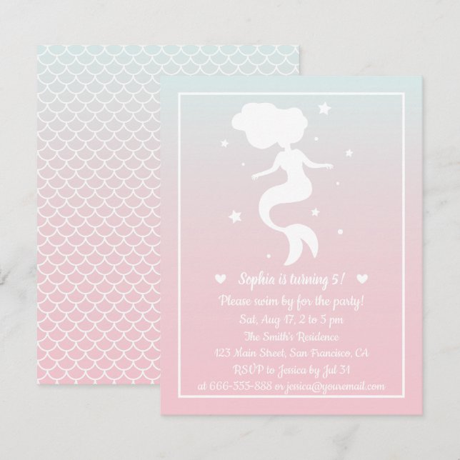 Invitation Fête d'anniversaire des filles silhouette de sirèn (Devant / Derrière)