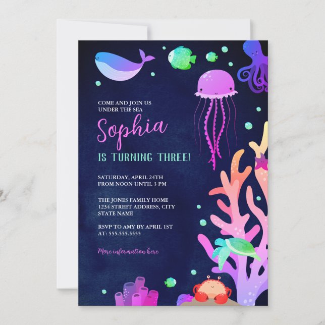 Invitation Fête d'anniversaire des filles sous la mer  (Devant)