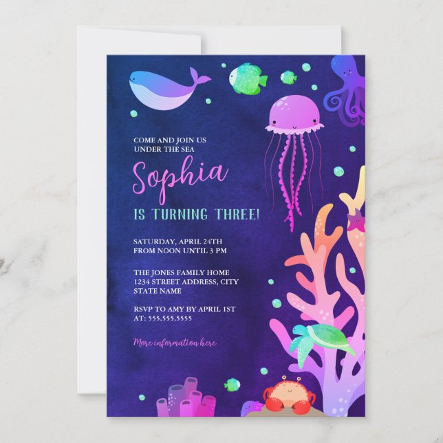 Invitation Fête d'anniversaire des filles sous la mer  (Devant)