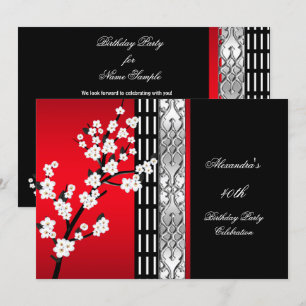 Invitation Fête d'anniversaire des fleurs noires rouges asiat